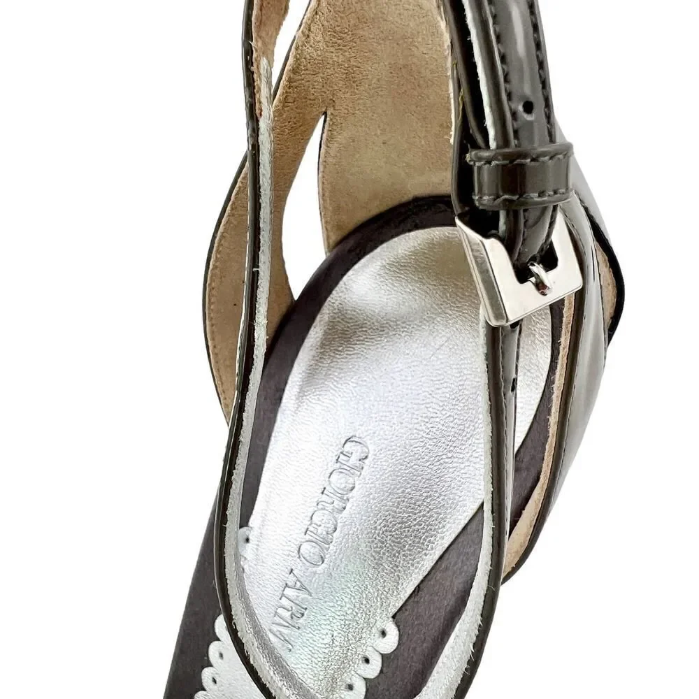 New Giorgio Armani Women US 8.5 Shoes Gray Patent Leather Wedge Heel Sandals